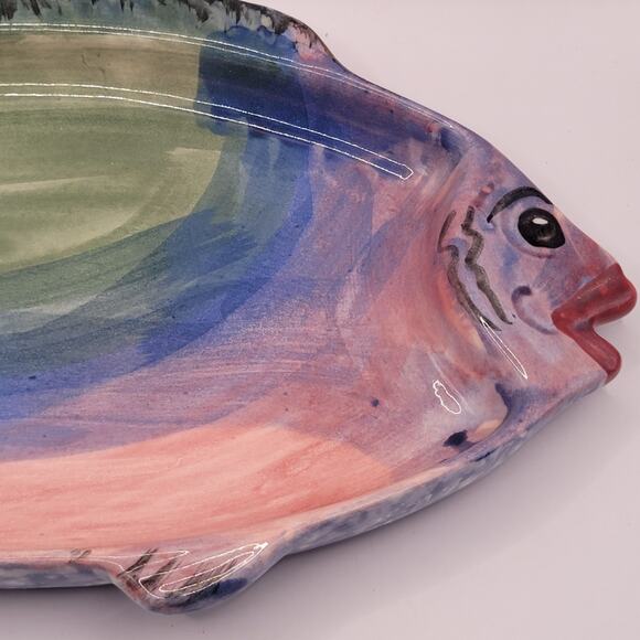 Studio Art Pottery Fish Shaped Dish Rainbow Glaze - Picture 2 of 15